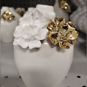 New White and Gold Floral Ceramic Vase